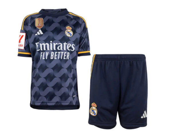 Jersey and Short Pants for Kids Real Madrid Second Kit Blue Navy 23/24 – With Patch La Liga and CWC