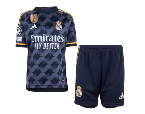 Jersey en korte broek voor kinderen Real Madrid tweede tenue blauw marine 23/24 - met patch UCL en CWC