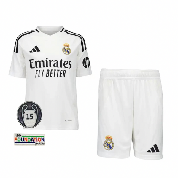 Jersey and Short Pants for Kids Real Madrid First Team White 24/25 - With UCL Patch