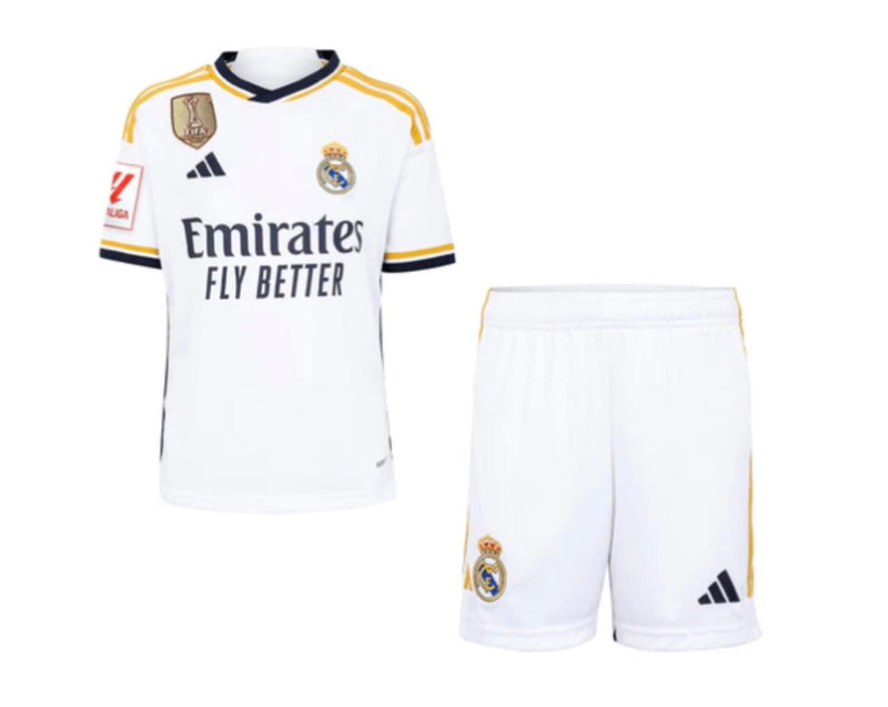 Jersey and Short Pants for Kids Real Madrid First Team White 23/24 - With Patch La Liga and CWC.