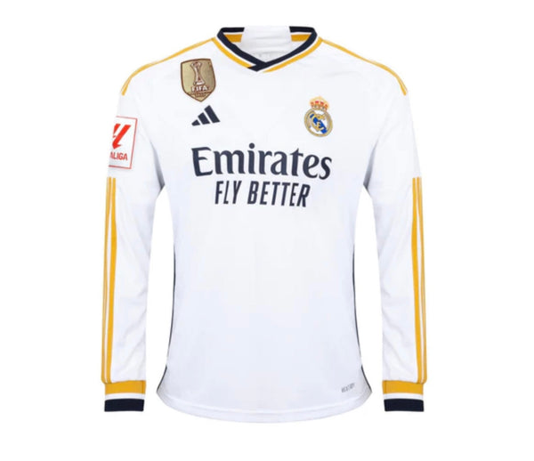 Jersey Real Madrid Long Sleeve Man First Kit White 23/24 - With Patch La Liga y CWC