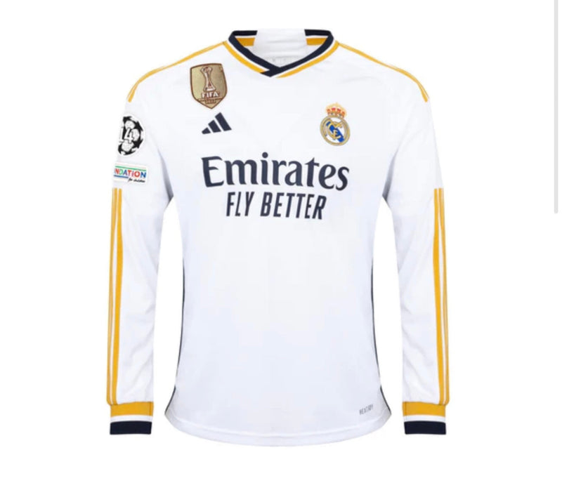 Jersey Real Madrid Lange Mouw Heren Eerste Kit Wit 23/24 - Met Patch UCL en CWC