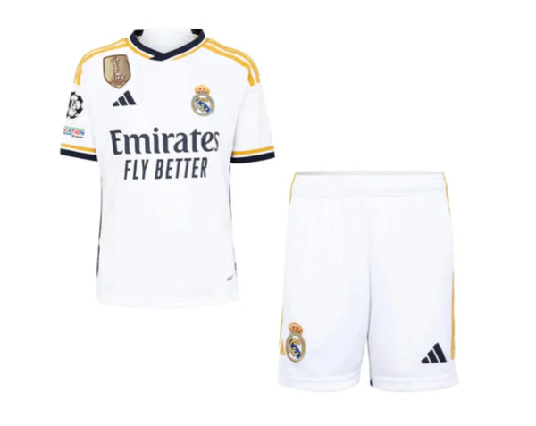 Jersey and Short Pants for Kids Real Madrid First Team White 23/24 - With Patch UCL and CWC